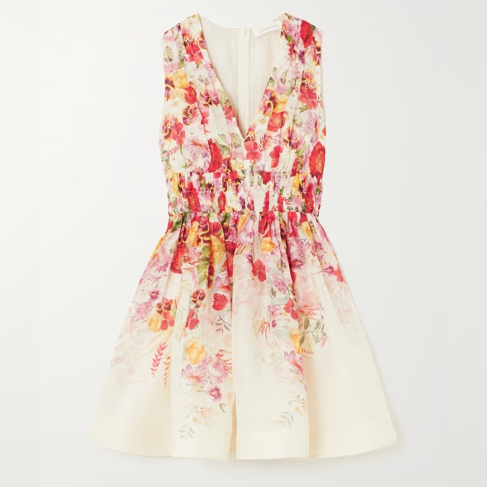 ZIMMERMANN Wonderland V-Neck Floral-Print Linen & Silk-Blend Organza Dress‎